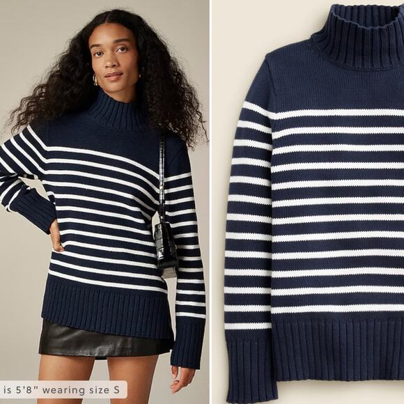J.CREW Cotton Turtleneck Sweater Stripe Navy Blue & Ivory White Size Large NEW - Picture 9 of 9